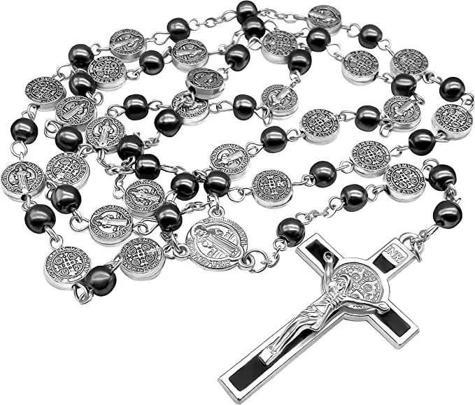 聖ベネディクトヘマティトロザリオメタルビーズメダルと男性女性カトリックネックレスのための聖聖祈りロザリオ