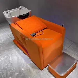 Orange Leder Shampoo Stuhl elektrische Massage Shampoo Stuhl mit Waschbecken