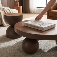 Table basse de salon de style américain en MDF, en bois, fabriquée à la main, finition brune, forme ronde, avec base en boule