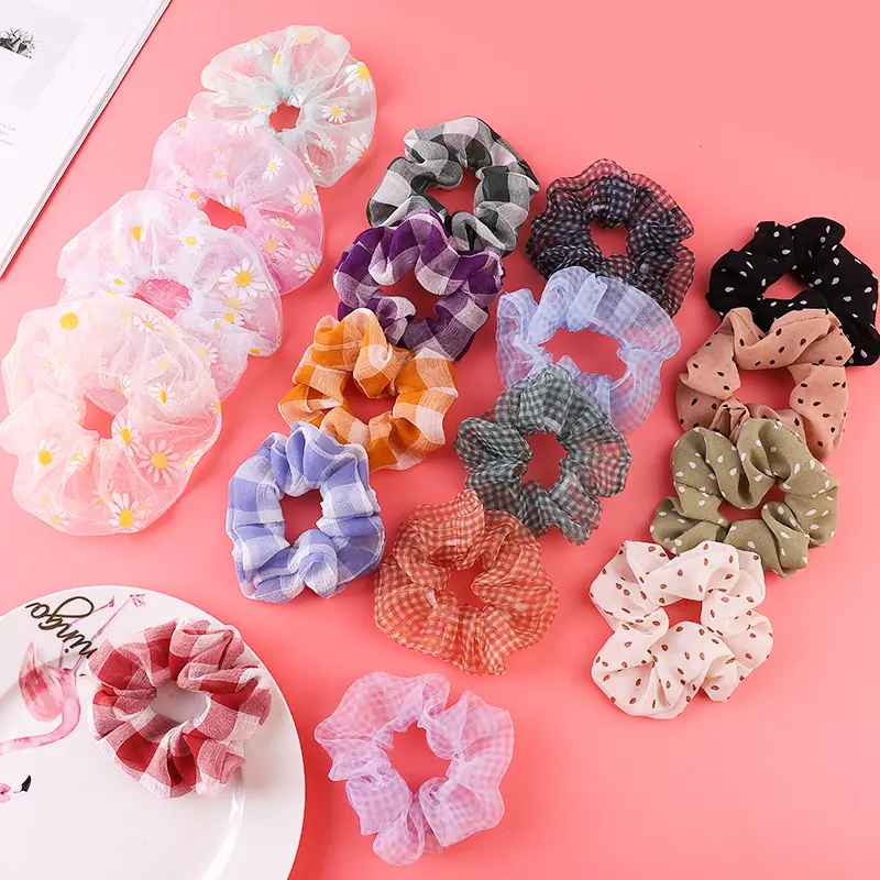 30 Màu Sắc Các Loại Cô Gái Ưa Thích Bán Buôn Số Lượng Lớn Voan Hoa Tóc Srunchies Tùy Chỉnh Daisy Dot Kẻ Sọc Hoa In Tóc Scrunchy