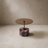 Table basse ronde en marbre naturel violet-rouge avec plateau en verre fumé, base sculpturale en forme de tambour, style moderne et luxueux, personnalisable
