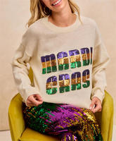 Pull en tricot pour femme avec broderie de lettres en sequins Mardi Gras, col rond, épaules tombantes, coupe ample, grande taille