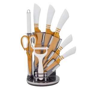 Juego de 9 Cuchillos de Cocina Profesionales Antiadherentes de Acero Inoxidable Dorado Titanio con Bloque - Product Image 1