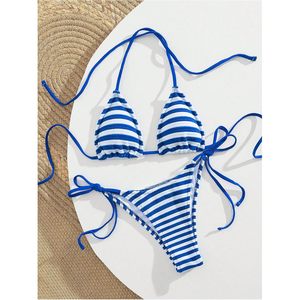 Ensemble de bikini triangle à rayures pour femmes, 2 pièces, avec bretelles à nouer sur les côtés, maillot de bain extensible en spandex et polyester - Product Image 4