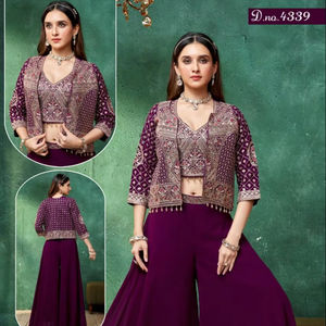 Designer Indo Western Palazzo Suit <b>for</b> Women with Embroidered <b>Jacket</b> Style Crop Top <b>for</b> Festive <b>Wedding</b> Party Wear - Product Image 4