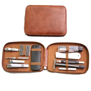 2024 Komplette braune Männer 11pc Travel Daily Personal Care Tools Kit Maniküre Pflege Rasiermesser Geschenkset in Ledertasche