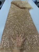 Tissu de dentelle nigériane blanche brodée de perles, tissu de dentelle française en tulle lourdement perlé et pailleté de luxe pour robe de mariée et de soirée