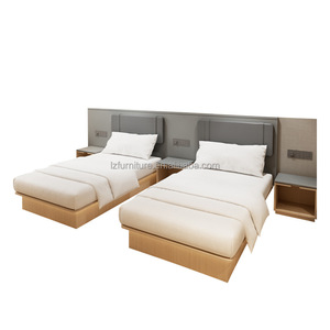 Modern Commercial Hospitality Furniture Hotel Twin Bedroom Set Cheap Wooden Beds Frame with Upholstered <b>Headboard</b> & Nightstand - Product Image 1