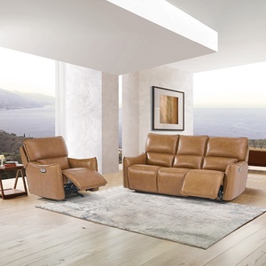 مجموعة كراسي جلد أريكة كرسي كهربائي مقطعية غرفة المعيشة تان جلد طبيعي - Product Image 1