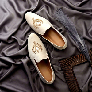 Asken Atelier Premium Men's Ivory Cream Velvet Loafers Elegant <b>Embroidered</b> Crest Emblem Anti-Slip Luxury Slip-On Dress <b>Shoes</b> All - Product Image 1