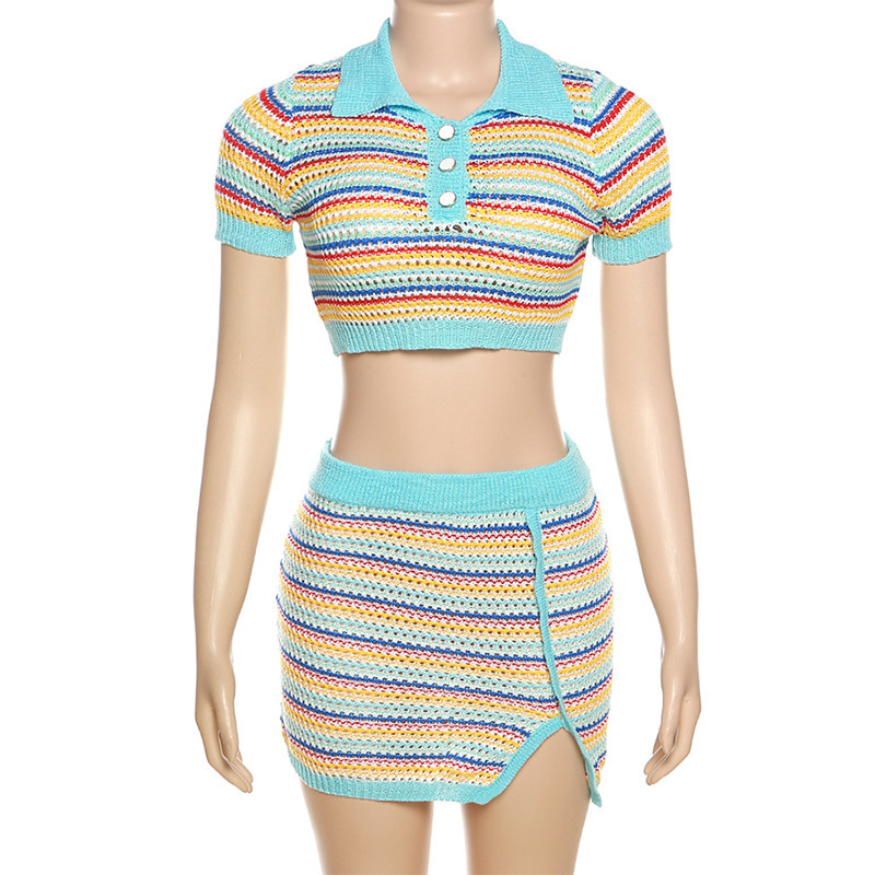 2 Piece Women's Casual Crop Top and Above Knee Skirt Set Breathable Color Blocking Knitted Outfit · image 5