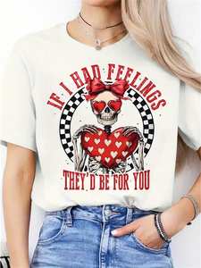 T-shirt Gotica da Donna con Stampa Teschio e Cuore, Manica Corta, Girocollo, Top Casual Bianco Rosso Nero, 100% Cotone Jersey, Indossabile per Tutte le Stagioni - Product Image 1