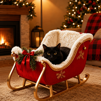 Lit pour chat en forme de traîneau de Noël personnalisé, OEM, en peluche douillette, canapé festif pour chatons, pour 2 à 3 chats, vente en gros