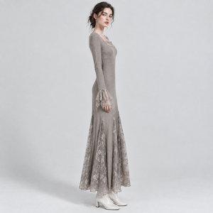 Vestido Maxi Elegante para Mujer, Color Sólido, Cuello Mandarín Elástico, Manga Larga, Dobladillo Recto, Cintura Alta, Capa Transparente de Encaje, Casual - Product Image 2