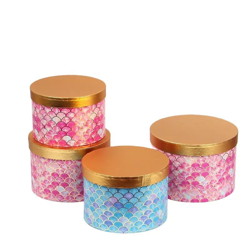 Bronzing hug bucket three-piece fish scale pattern cylinder gift box round flower box gift hand gift box wholesale