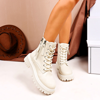 Bottes de combat d'hiver pour femmes à double fermeture éclair, à lacets, à plateforme épaisse, à bout rond, doublées polaire, noires et crème