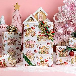 Papel de Regalo Navideño con Diseño de Casa de Jengibre Rosa, Reversible, con Estampado de Bastones de Caramelo, para Fiestas Navideñas, Año Nuevo, Niños - Product Image 1