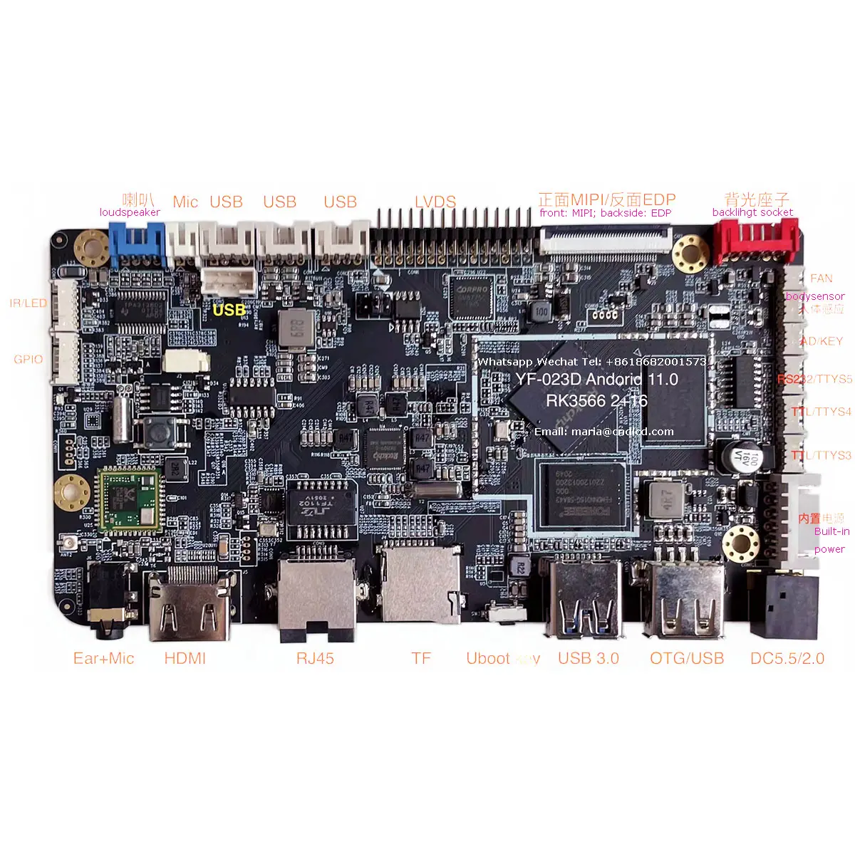 Controle inteligente rk3566, controlador android 11 para mãe, driver mainboard para tft, lcd, wifi, ethernet, hdm, i rs232, rj45, lvds, edp mipi