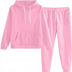 Unisex <b>Pink</b> Hooded 2 in 1 Heavyweight <b>Tracksuit</b> 100% Cotton Casual Full Length Sweatshirt Pants <b>Set</b> with Drawstring Side Pockets - Product Image 5