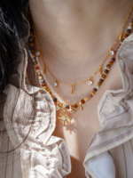 JoJo-Collier ras du cou réglable en perles de pierre naturelle marron avec breloques en or soleil lune étoile bijoux faits main pour femmes