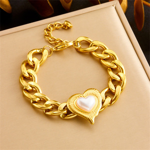 Heart-Shaped Pearl Jewelry <b>Set</b> Gold Tone Chunky Chain Necklace <b>Bracelet</b> Earrings Women's Everyday Wear - Product Image 3