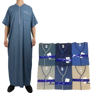 Groothandel Islamitische Kleding Thobe Marokkaanse Arabische Saudi Thobe Mannen V-hals Korte Mouwen Daffah Thobe