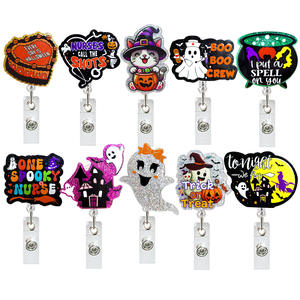 New Acrylic Glitter Halloween Collection Spooky Pumpkin Cat Retractable Spinning <b>Badge</b> Reel - Product Image 1
