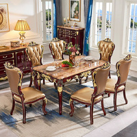 Table à manger en bois massif de style européen, plateau en marbre de 16 mètres, bois de santal rouge, accents dorés, ensemble de meubles de salle à manger pour restaurant