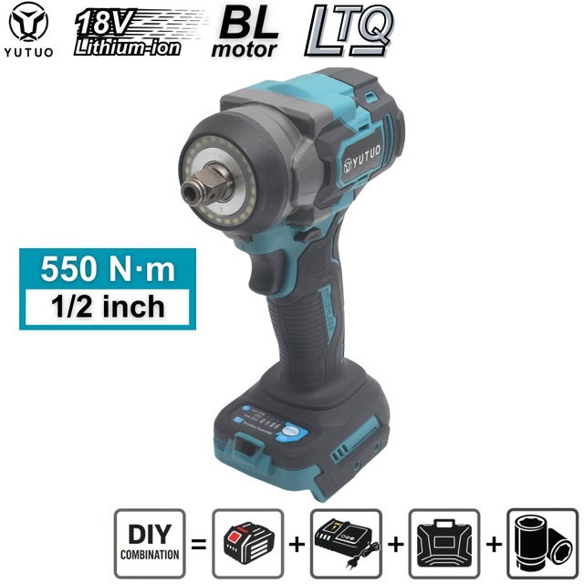 YUTUO Cordless Power Tool Rechargeable Lithium Battery Cordless Brushless 18V 1/2inch Driver 550Nm Impact Wrench