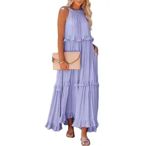 Tốt Nhất Sản Phẩm Người Bán 2024 Giản Dị Mùa Hè Bãi Biển Sundress Phụ Nữ Halter Túi Ruffle Dài Maxi Bông Linen Bohemian Ăn Mặc Nhà Máy