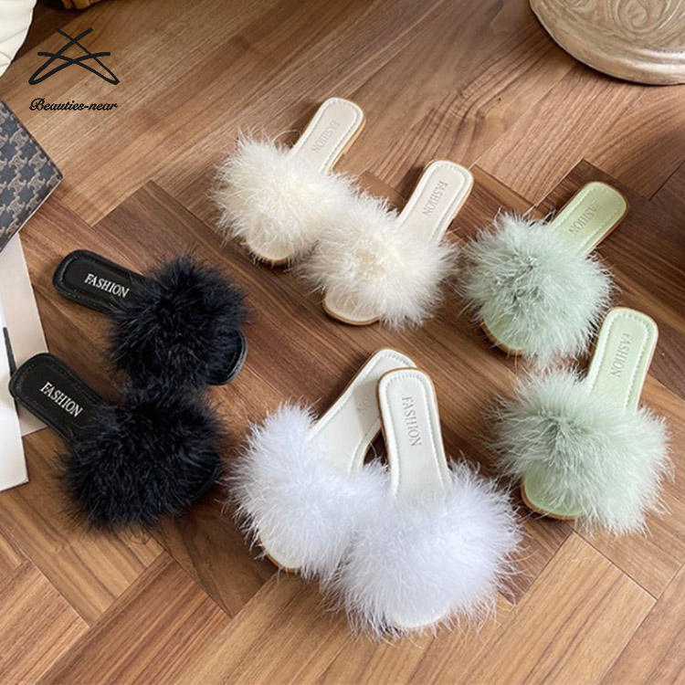 New Arrivals Ladies Womens Autumn Summer Rubber Fur slippers Lady Style  Flat Slide Sandal Fluffy slippers for Women