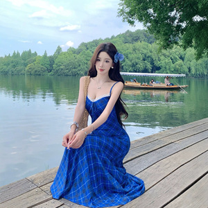 Blue Plaid Sundress Women Long Summer Dress Anti Uv Protection UPF 50 For Tourism Beach Camping Daily Wear - Product Image 2