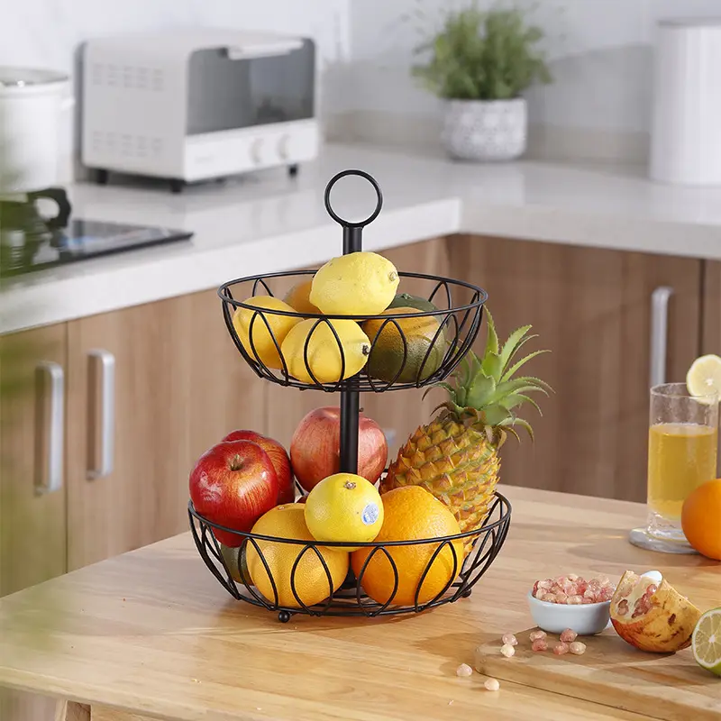 Cesta de metal de 2 niveles para desmontar fruta, para almacenamiento de aperitivos y verduras, encimera de pie para cocina, color negro