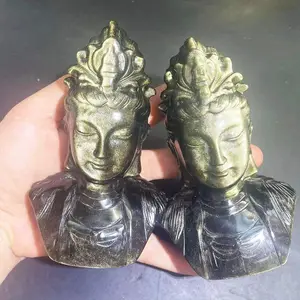 Auffällige Guanyin Buddha Statue Schnitzen Kristall natürliche hand geschnitzte Gold glanz Obsidian Stein kristall Guanyin Bodhisattva