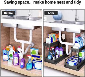 2 Pezzi Organizzatore Sottolavello Moderno a 2 Livelli Nero, Scaffale Scorrevole in Plastica per Organizzazione <span class=keywords><strong>Detersivi</strong></span> Cucina e Bagno - Product Image 4
