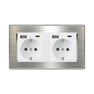 Prise murale tactile en acier inoxydable pour usage domestique allemand, plaque brossée simple face, norme UE, 250V 16A, 2 prises, IP20 - Product Image 4