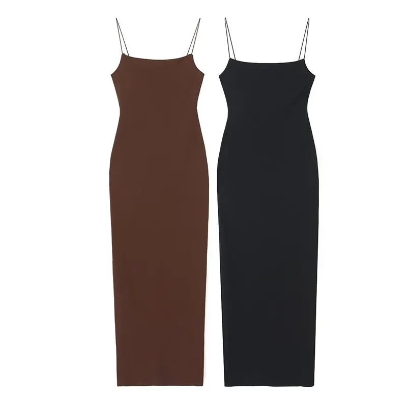 TAOP & ZA 2023 yaz yeni zayıflama düz renk çanta kalça bir kelime boyun sıkı elastik ince sapan uzun elbise 3641331