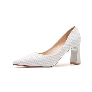 Escarpins à bout pointu pour femme 7777G, en textile à carreaux, talon haut, chaussures de cérémonie confortables, talon carré blanc 5cm-8cm - Product Image 5
