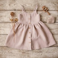 Robe en coton et lin pour filles, style boutique, sans manches, boutonnée, douce, pour bébés, robe de princesse blanche, vente en gros OEM/ODM