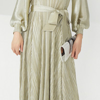 Robe midi élégante pour femme en tissu froissé et brillant, de haute qualité, à manches longues, ample, décontractée, avec ceinture