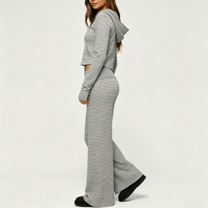 Conjunto de <span class=keywords><strong>Pantalones</strong></span> Anchos y Top Corto con Capucha a Rayas Grises para Mujer, Ropa Casual de Salón, Conjunto de Dos Piezas, Tejido de Punto Suave, Ajuste Cómodo - Product Image 2
