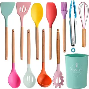 Premium Non Stick Cookware Spoons 12 Pcs Kitchen Cooking Utensils Silicone Kitchen Utensils Set With Wooden Handle