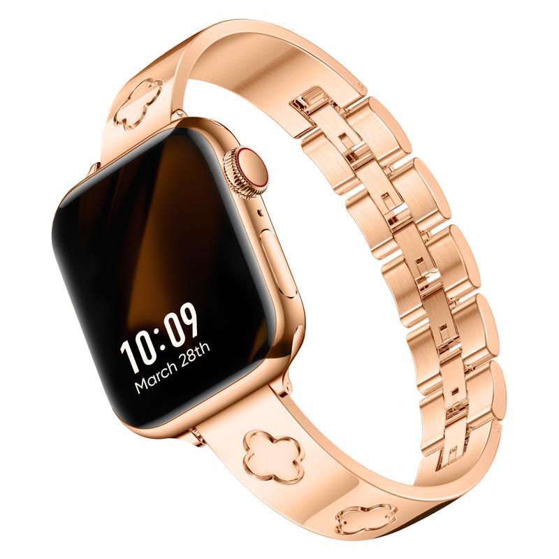 Women 18K Gold Floral Four-leaf Clover 316L Stainless Steel Hand Adjustable Bracelet Band Strap for Apple Watch WB0251S