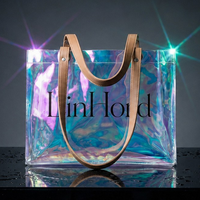 Sac fourre-tout personnalisé en PVC, écologique, avec poignée en cuir irisé transparent, grande capacité, réutilisable pour le shopping, les voyages et les salons professionnels