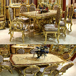 เฟอร์นิเจอร์ห้องรับประทานอาหารหรูหราสไตล์ยุโรป,ชุดรับประทานอาหารชุบทองไม้อิมพีเรียลแกะสลักชุดห้องรับประทานอาหารสีทอง - Product Image 1