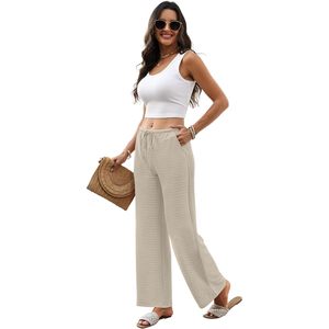 FOXA Mid Waist Wide Leg Pants Women Flowy Palazzo Drawstring Breathable <b>Elastic</b> Waist with Pockets Summer Beach Vacation Clothes - Product Image 4