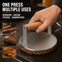 Presse à smash burger professionnelle en acier inoxydable avec manche en bois, résistante à la chaleur, pour plancha et cuisinière à gaz