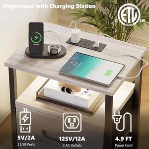 Juego de 2 Mesitas de Noche, Mesita de Noche con Estación de Carga y Luces LED, Mesa Auxiliar con 2 Cajones de Tela para Dormitorio - Product Image 5