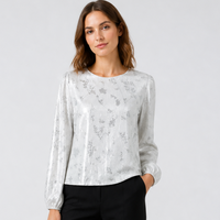 Chemisier pour femme argenté métallisé à motifs floraux, col rond, manches longues bouffantes avec poignets élastiques, coupe courte, élégant, décontracté, pour soirée, brillant