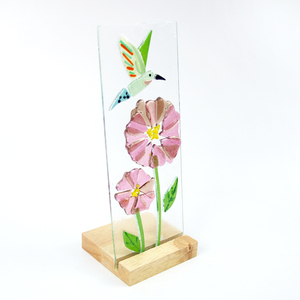 Colored Handmade Fused Rectangle Glass Flower <b>Ornament</b> Wooden Base-Home Decor Craft 7*19cm for <b>Easter</b> Christmas New Year - Product Image 3